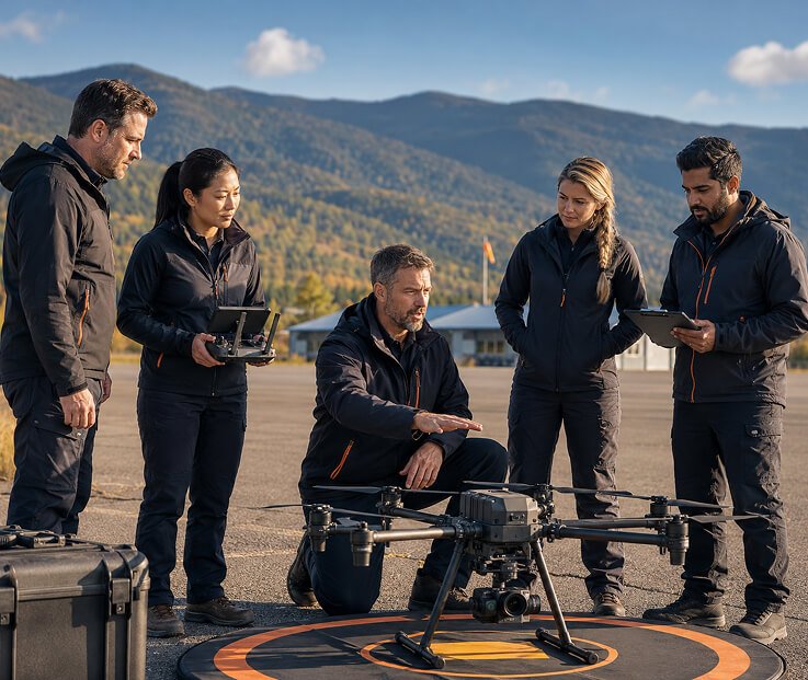 Drone flying above a forested lakeshore