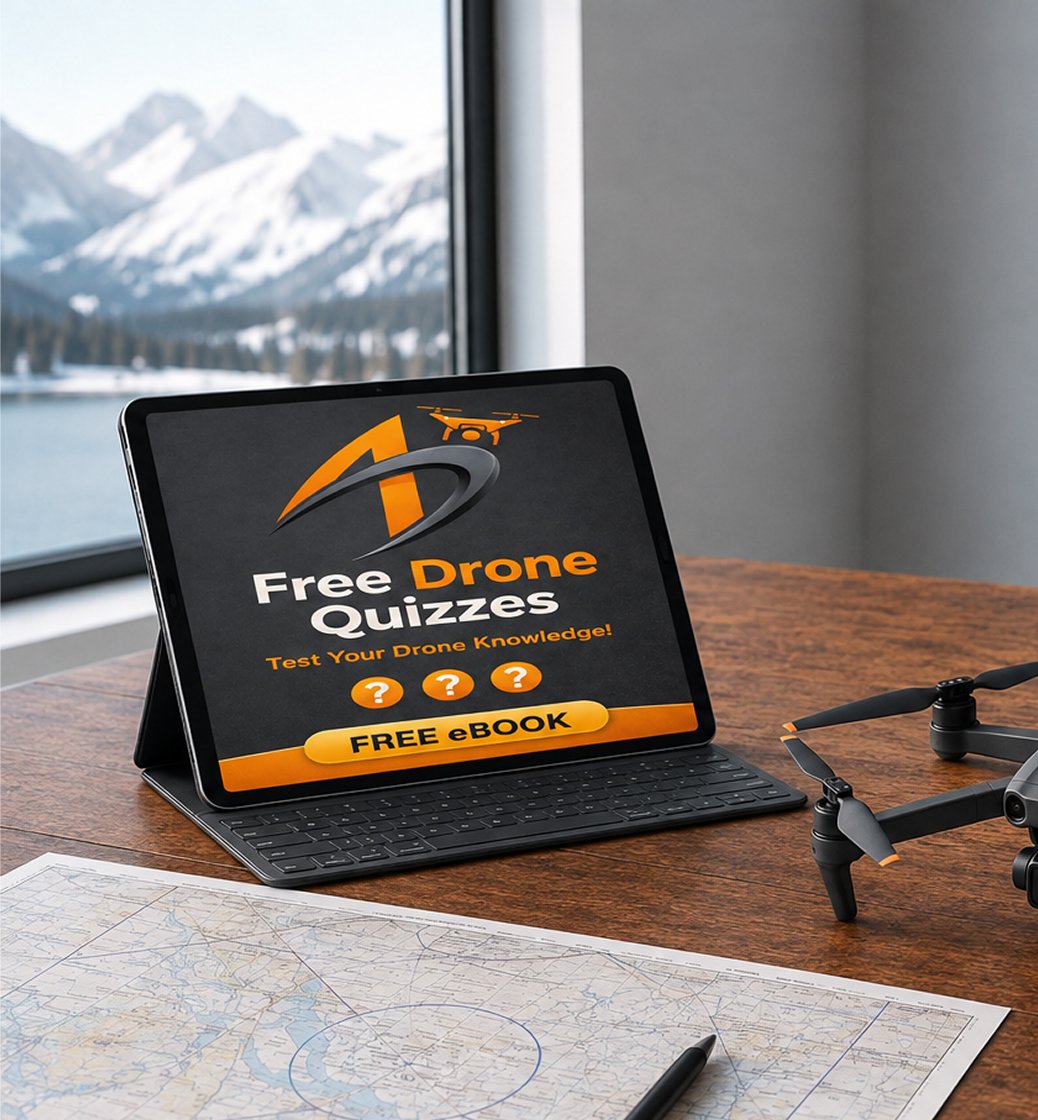 Drone hovering in front of a pale winter sky