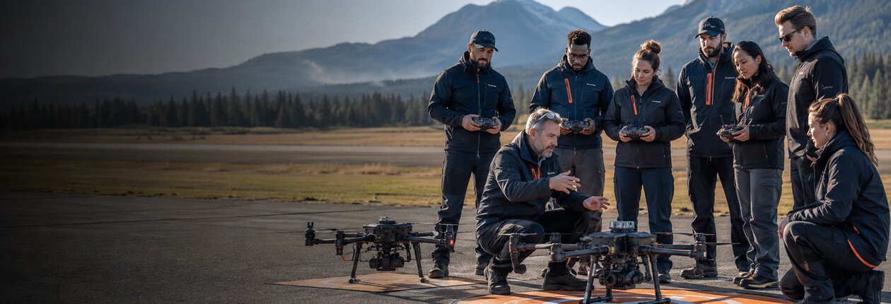 Drone flying above a forested lakeshore